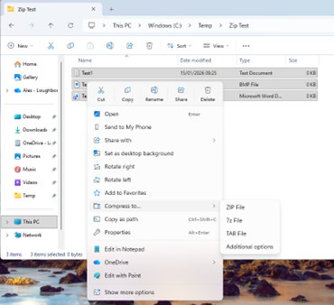 Screenshot of files selected to compress
